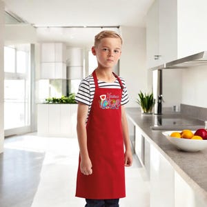 May include: A red apron with the text "Xavier's Chef" in colorful script. The apron is worn over a black and white striped shirt. The image is taken in a modern kitchen setting.