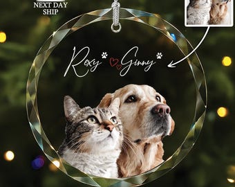 Custom Dog & Cat Photo Glass Keepsake, Pet Lover Christmas Gift, Personalized Pet Photo Ornament, Pet Parents Gift, Holiday Gift Decoration