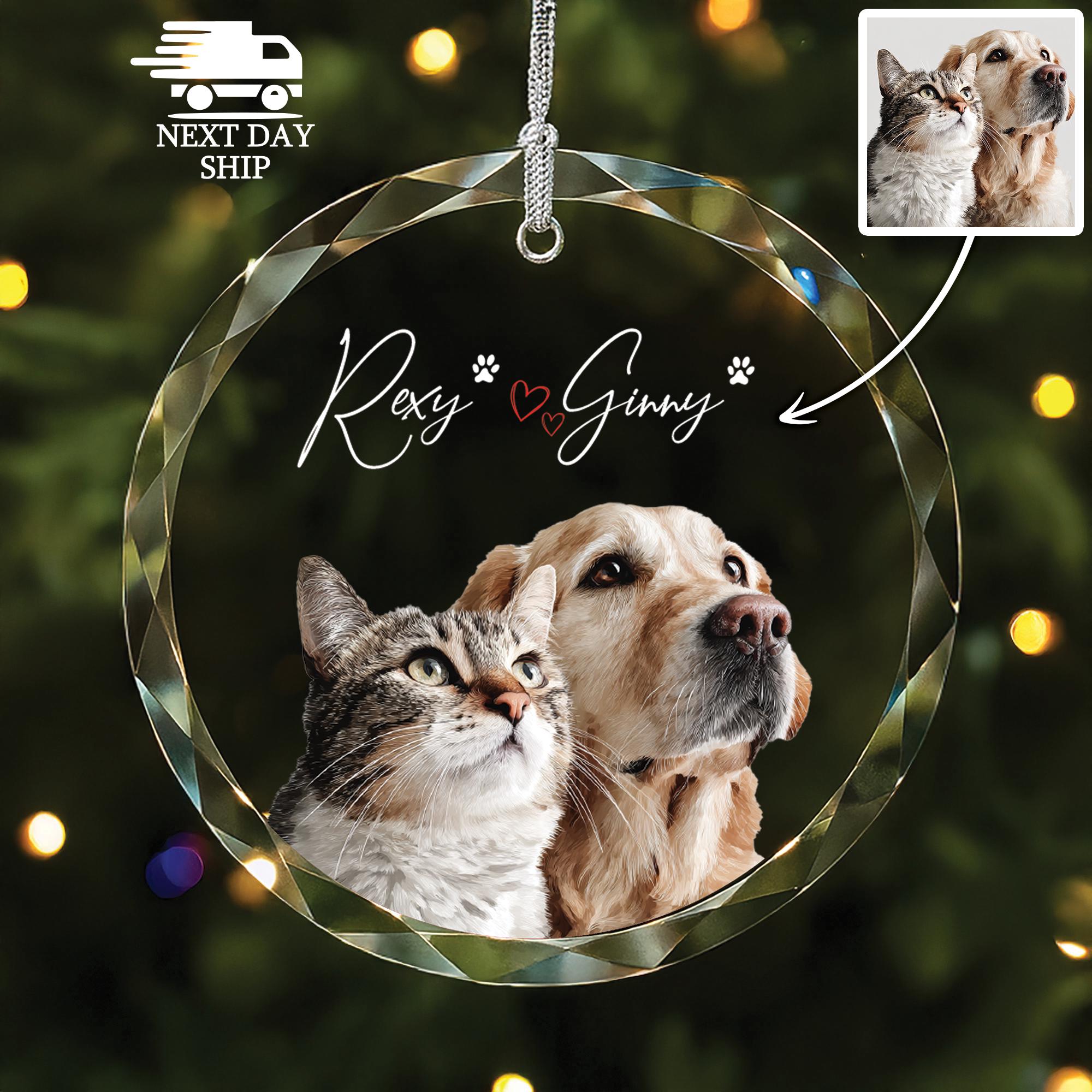 Custom Dog & Cat Photo Glass Keepsake, Pet Lover Christmas Gift, Personalized Pet Photo Ornament, Pet Parents Gift, Holiday Gift Decoration