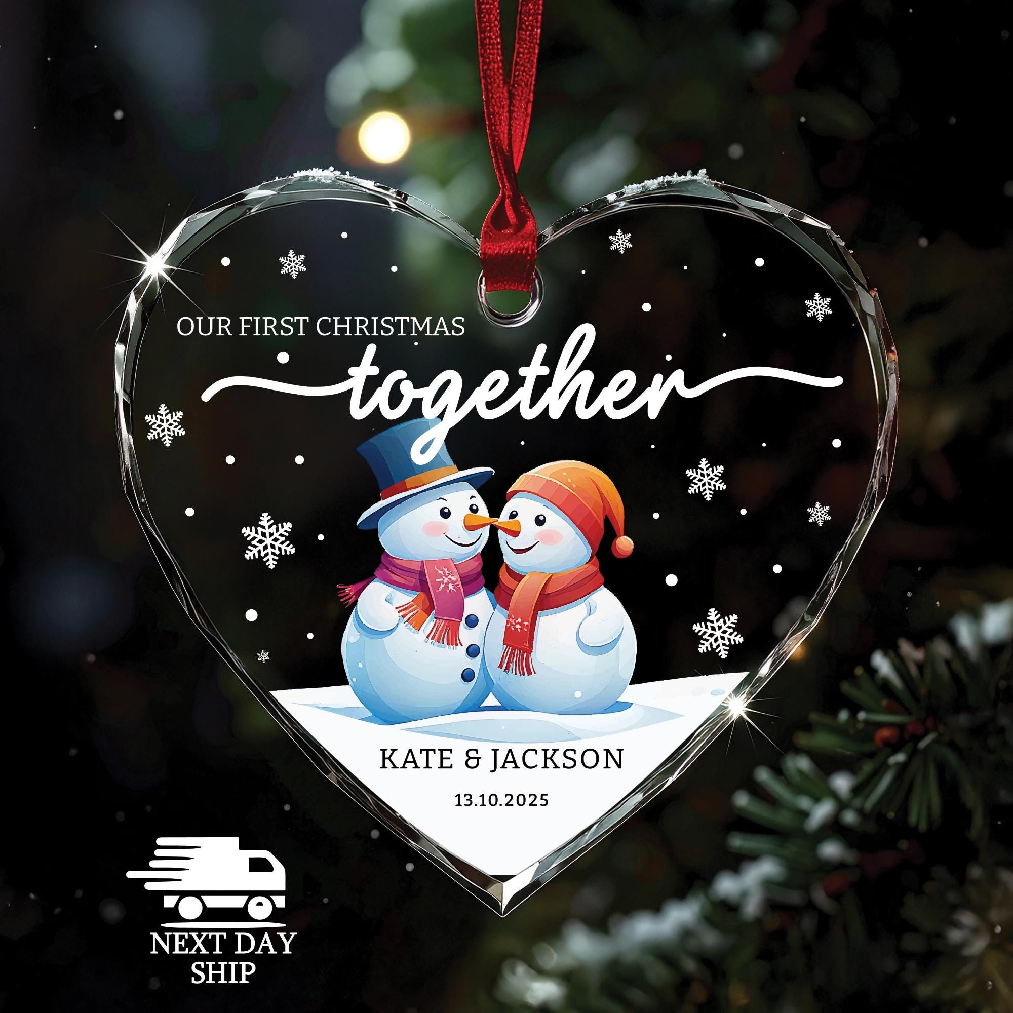 Personalized Name Snowman Couple Xmas Ornament, First Christmas Together, White Themed Christmas Ornament, Gift for Couples, Wedding Gift