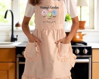 Cute Mothers Day Apron, Floral Name Apron, Mamas Nanas Garden Apron, Custom Text Apron, Personalized Gifts for Her, Birth Month Name Apron
