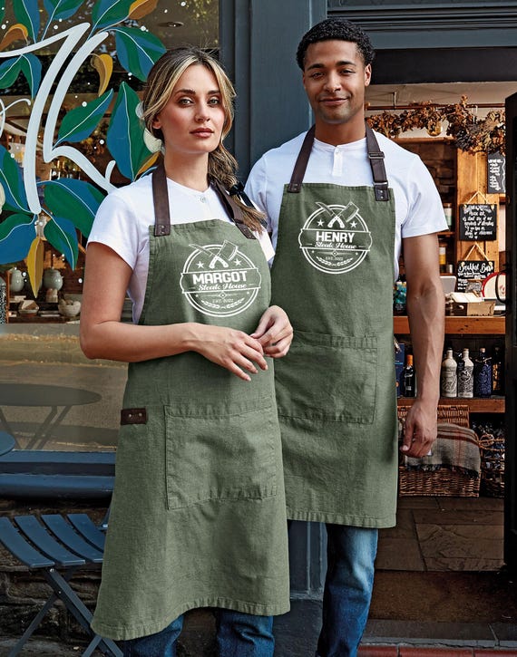 Steak House Name Apron, Personalized Est 2026 Apron, Cotton Apron with Faux Leather Straps, Custom Kitchen Apron, Cotton Bib Apron w Pocket