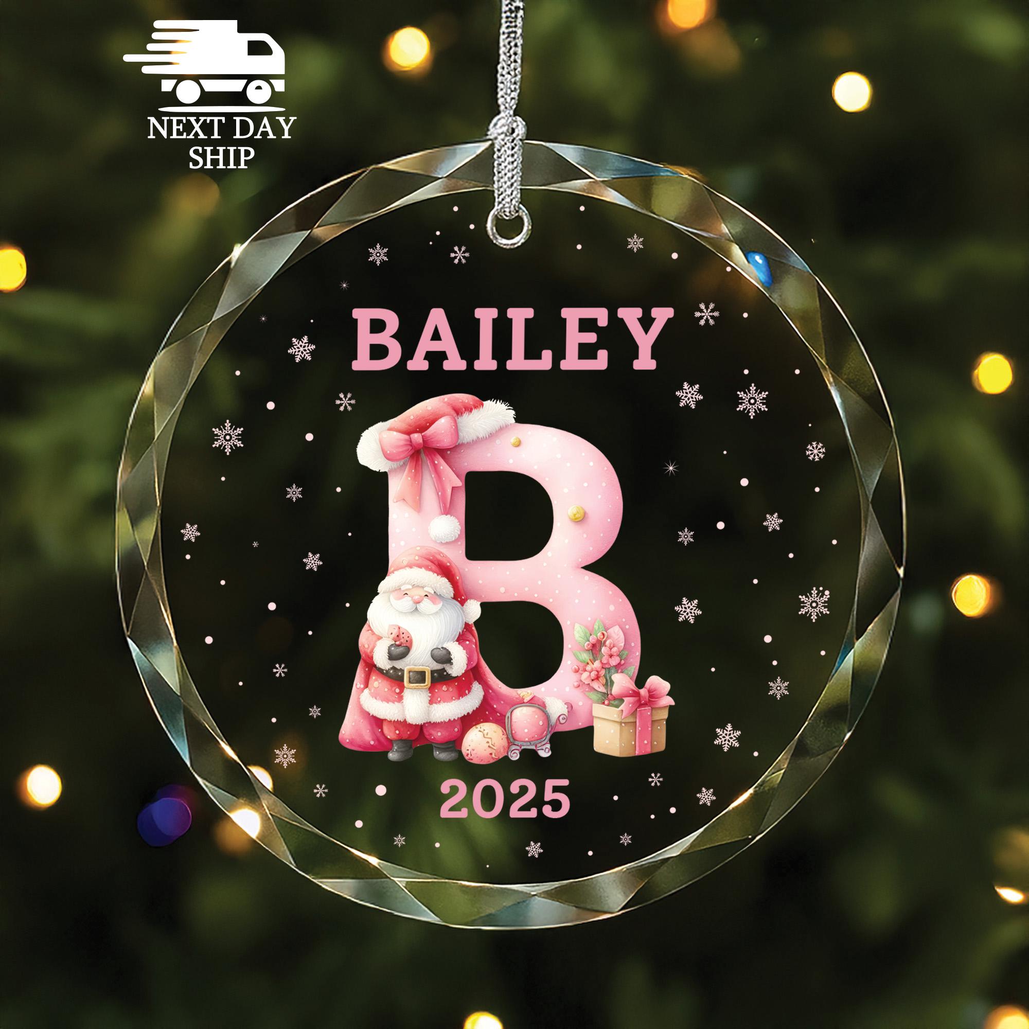 Initial Name Kids Christmas Ornament, Cute Holiday Gift Children, Kids Christmas Gift, Christmas Tree Decoration, Pink Santa Ornament Girl