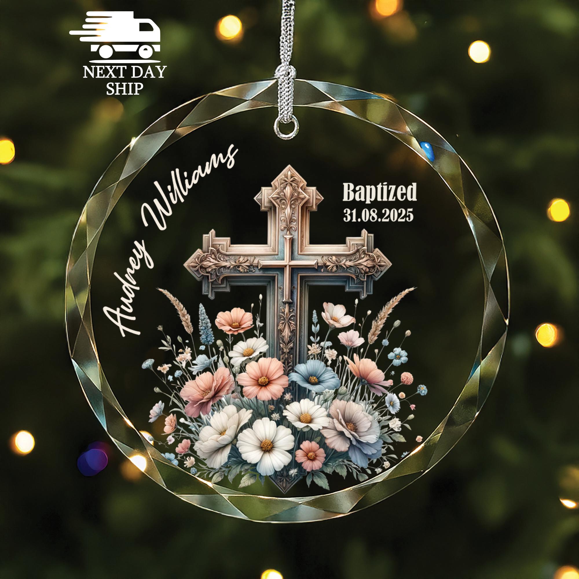 Custom Name Baptism Ornament, Baptism Gift for Girl or Boy, Cross and Floral Glass Keepsake Gift, Christmas Gift, Baby Baptism Ornament