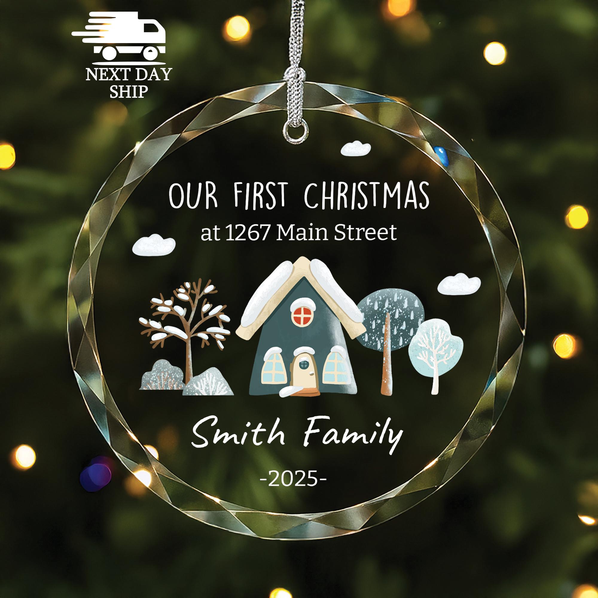 First Christmas at New Home Ornament, Personalized Address Ornament, Family Name Ornament, Custom Glass House Ornament, Christmas Keepsake