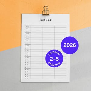 Könnte beinhalten: Ein weißes Papierkalender für Januar, gehalten von einer goldenen Klammer. Der Kalender hat ein Rasterlayout mit nummerierten Zeilen und Spalten. Zwei blaue Kreise mit weißem Text lesen "2026" und "enthält 2-5 Spalten".