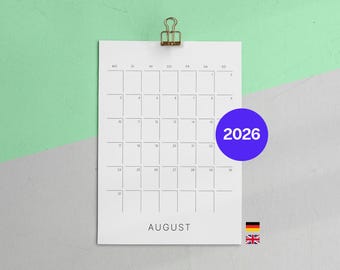 2026 Calendar Print Template | Minimalist Printable Calendar | Digital Download in A4 and A3 | Monthly Planner in German and English