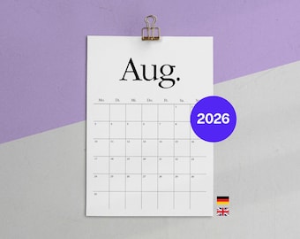 2026 Calendar Print Template | Minimalist Printable Calendar | Digital Download in A4 and A3 | Monthly Planner in German and English