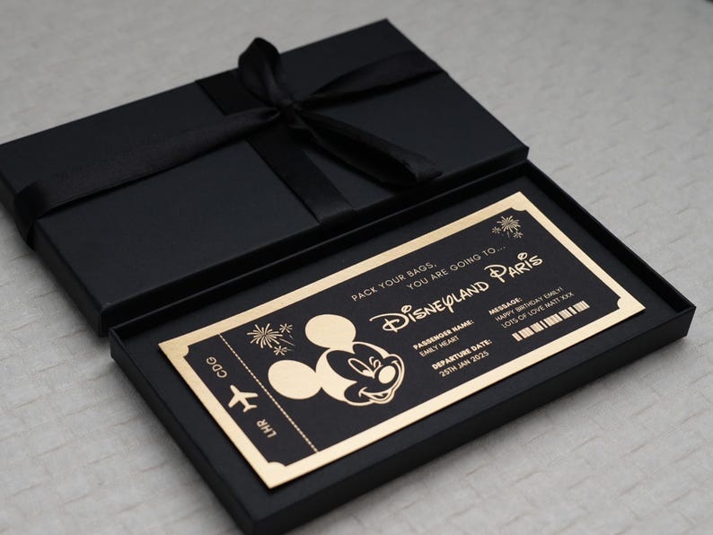 Disneyland Paris Ticket | Disney World | Surprise Ticket | Surprise Gift | Gift Ticket | Gift Voucher | Boarding Pass | Personalised Gift Black Ribbon Box