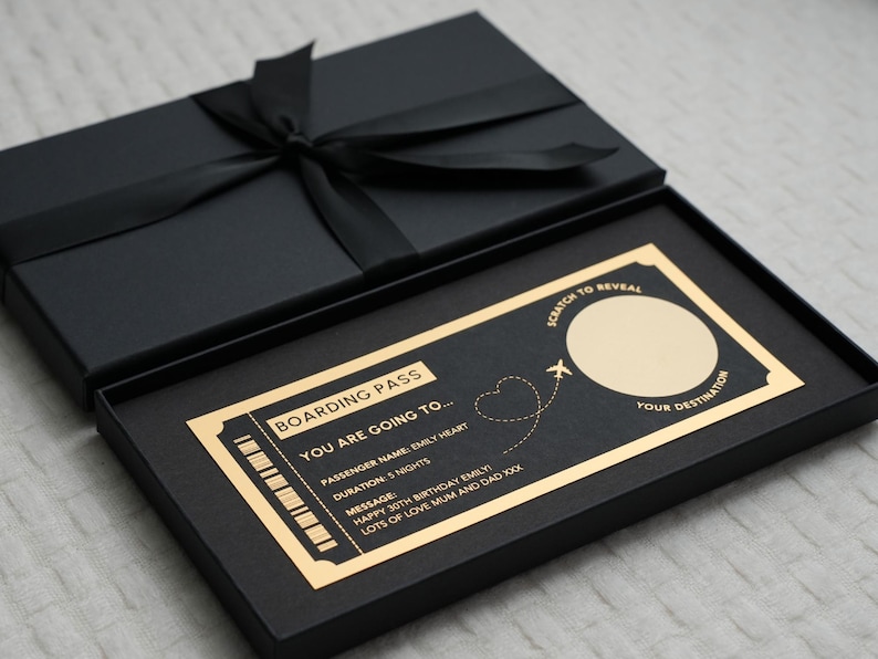 Boarding Pass Scratch Reveal | Foil Ticket | Holiday Ticket | Travel Ticket | All Destinations | Gift Ticket | Gift Voucher | Personalised | Black Ribbon Box