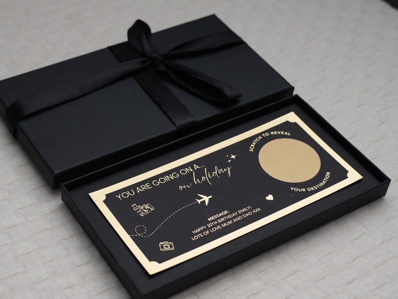 Boarding Pass Scratch Reveal | Foil Ticket | Holiday Ticket | Travel Ticket | All Destinations | Gift Ticket | Gift Voucher | Personalised | Black Ribbon Box