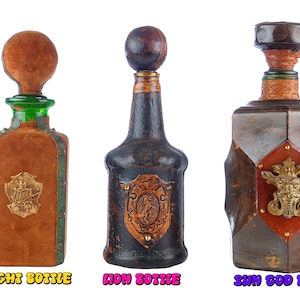 DECANTERS Medieval Mid Century Made in Italy Lion Knight Sun God Stopper whiskey liquor Booze Drinking Gift Office Glass castle bottle