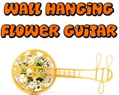 GUITAR wall hanging music flower hippie van tiny house gift 1960s Woven Wicker Rattan TIKI Luau Beach Cottage Decor Vintage