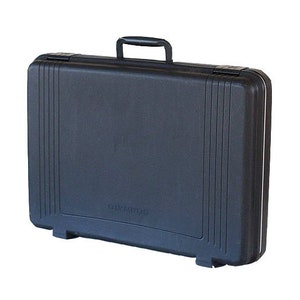 May include: A black hard-shell carrying case with a handle and the word "Olympus" printed on the front.