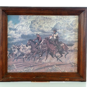 ART WESTERN Spaghetti horses Indians Vintage Mid Century Cowboy Cabin Desert Wild West Rustic Hollywood saloon scenic