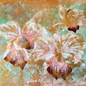 Oil Painting Art Deco Revival Modern Beach Ocean Flowers House Island Pastels Pink Baby Blue Gold Lee Reynolds 40x50 Framed