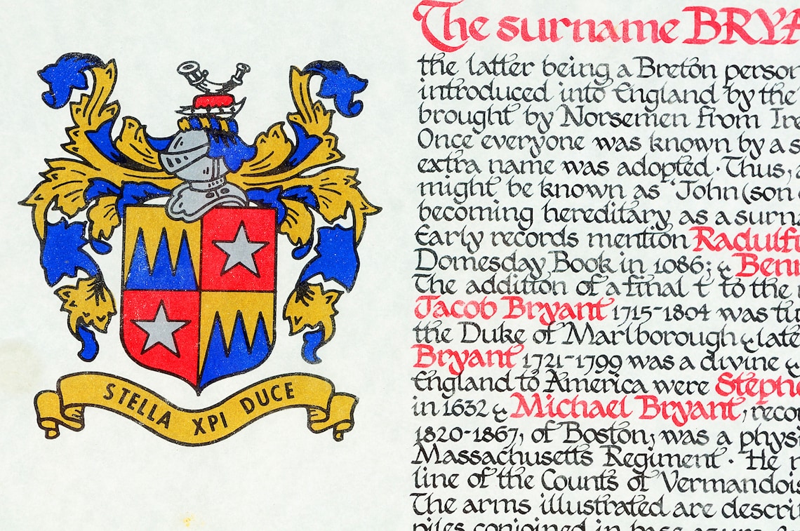 1970s BRYANT FAMILY CREST Meaning Origins History Ancestry Dna Etsy