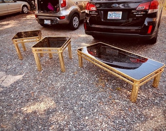 Art Deco Revival Milo Baughman style brass coffee Side table Set Smoked Glass