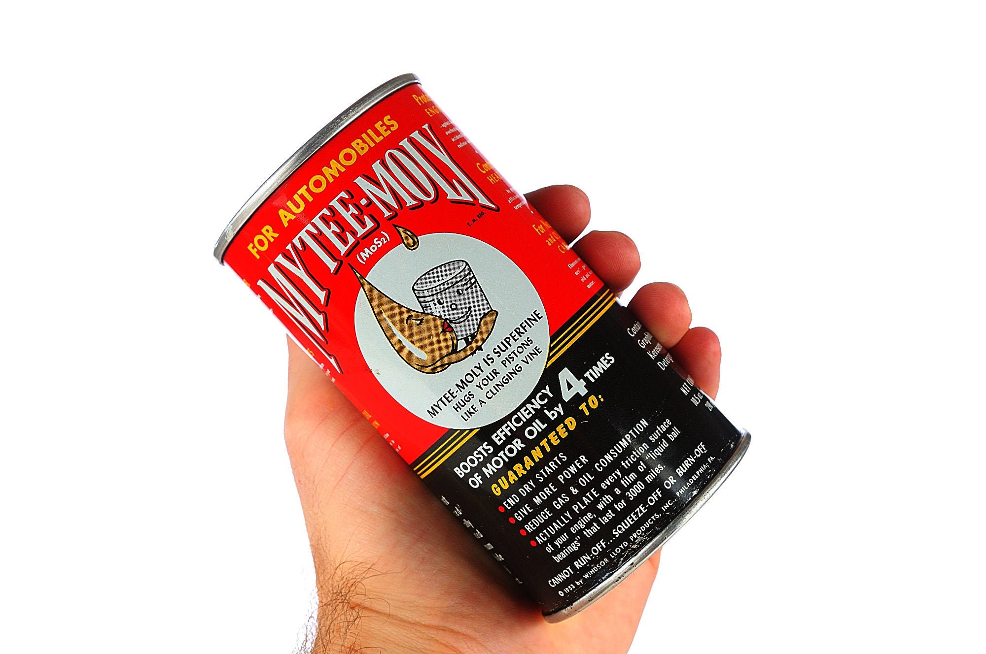 1953 MYTEE-MOLY Can FULL 10.5 oz Gas Station Oil Advertising Station Automobile Steampunk Industrial Gasoline Motor Pump Shelf Collectible
