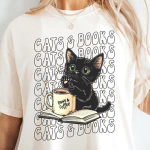 Cat and Book Lover T-Shirt, Cute Cat Reading Shirt, Cat Lover Tee, Bookish Gift, Cozy Cat Top for Readers, Cats and Books Tee, Gift for her