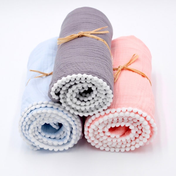 Baby Blanket I Baby Swaddle Blanket I Baby Pompom Blanket I Baby Gifts I Cotton Muslin Baby Blanket I Cotton Baby Blanket