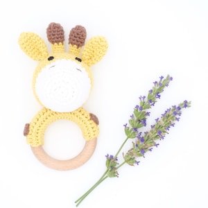 Crochet Giraffe Rattle: Cotton Baby Toy with Wood Ring