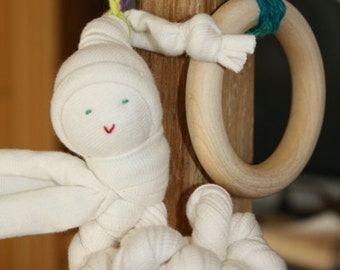 Organic Baby teething toy made from Organic Cotton and Maple Wood Ring, non toxic, baby first Christmas