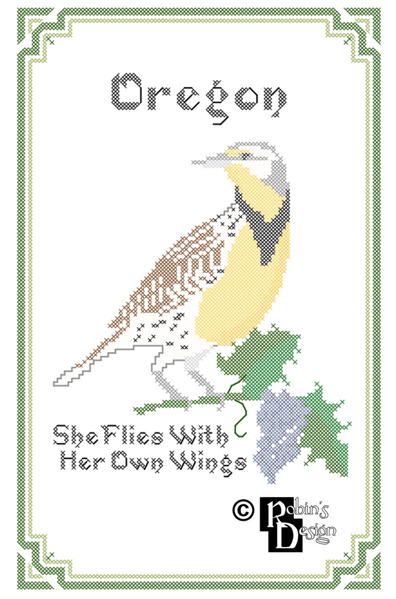 Oregon State Bird, Flower and Motto Cross Stitch Pattern PDF image 1