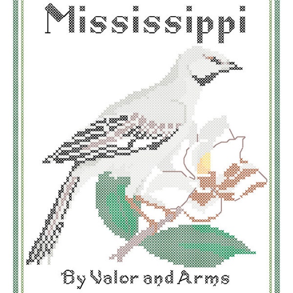 Mississippi State Bird, bloem en motto Cross Stitch patroon PDF