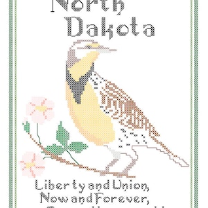 North Dakota State Bird, Flower and Motto Cross Stitch Pattern PDF