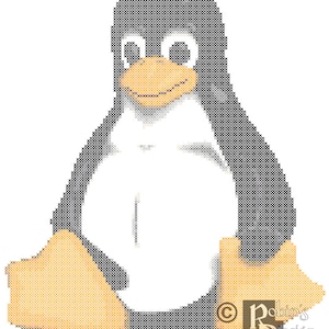 May include: A black and white cartoon penguin with a yellow beak and feet. The penguin is sitting with its wings folded and has a friendly expression.