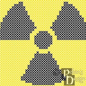 May include: A black and white radiation symbol on a yellow background. The symbol is made up of three circles with a smaller circle in the center.