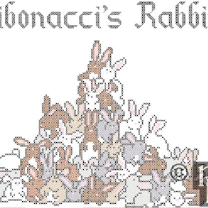 May include: A cross-stitch pattern featuring a group of brown and white rabbits arranged in a pyramid shape. The pattern is titled "Fibonacci's Rabbits".
