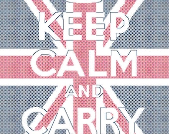 May include: A red, white and blue Union Jack flag with the text "Keep Calm and Carry On" in white letters. The flag has a crown at the top.