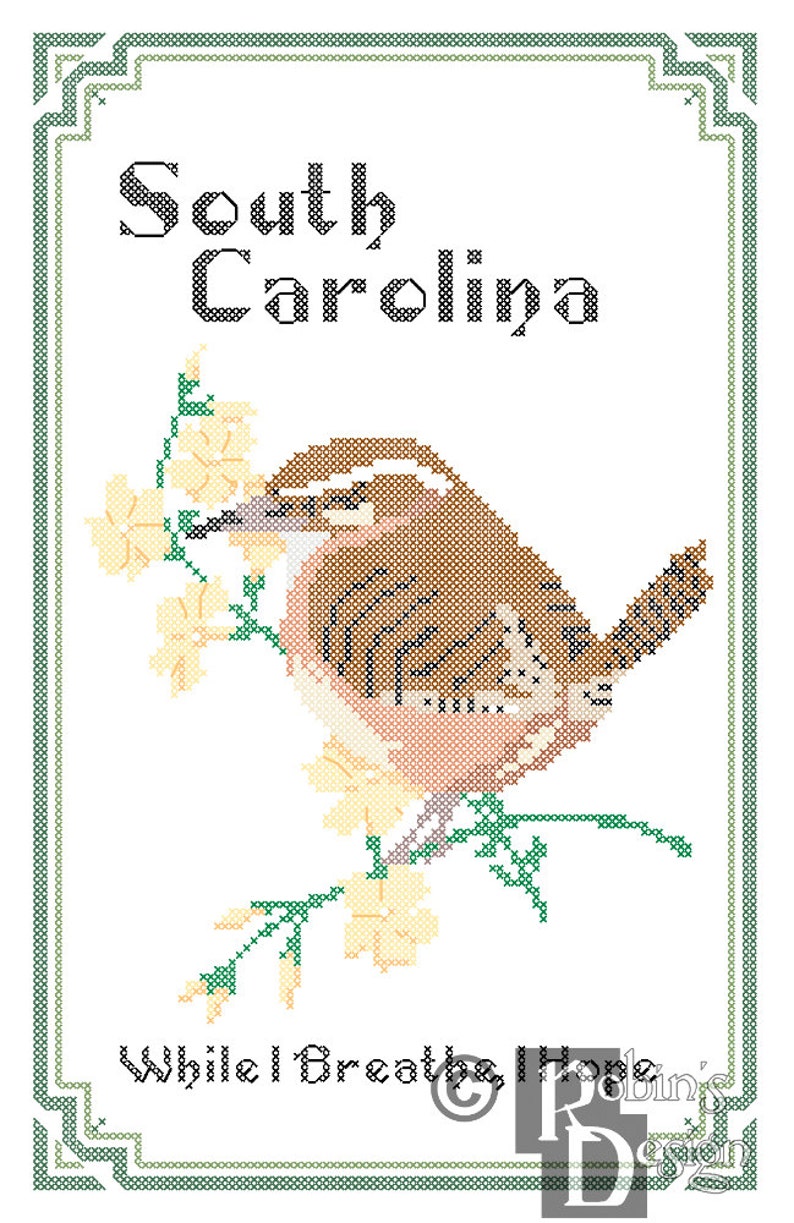 South Carolina State Bird, Blume und Motto Kreuzstichanleitung PDF Bild 1