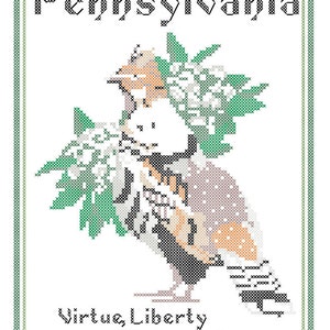 Puede incluir: Patrón de punto de cruz para un diseño del estado de Pensilvania. El diseño presenta un pájaro estilizado con una corona de flores y las palabras "Virtue, Liberty and Independence".