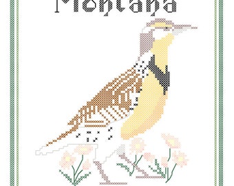 Montana State Bird, Flower and Motto Cross Stitch Pattern PDF