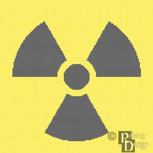 May include: A yellow square with a black radiation symbol in the center. The symbol is made up of three black triangles with a circle in the center.