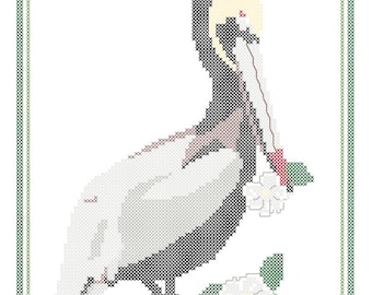 Louisiana State Bird, Flower and Motto Cross Stitch Pattern PDF