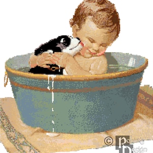 Jessie Willcox-Smith&#39;s Baby and Pup in Washtub Cross Stitch Pattern PDF
