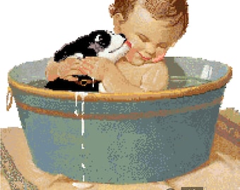 Jessie Willcox-Smith's Baby and Pup in Washtub Cross Stitch Pattern PDF