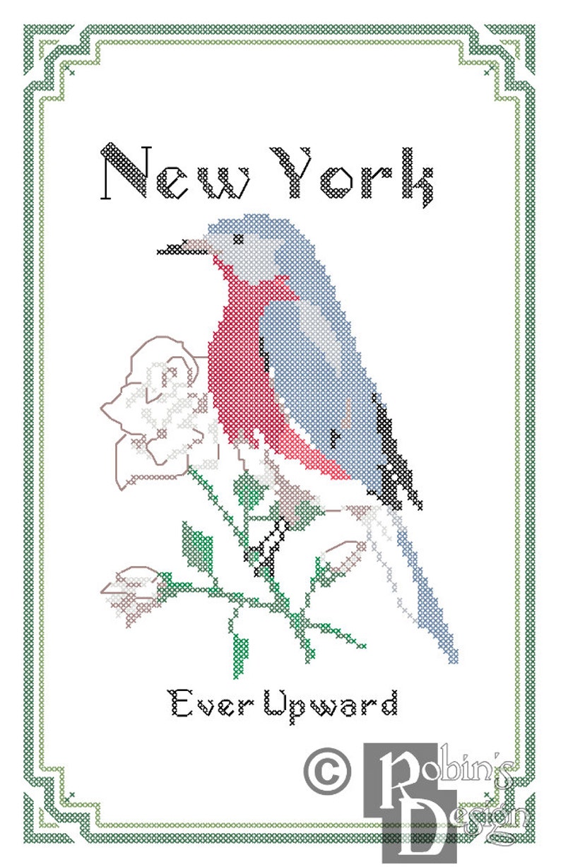 New York State Bird, Flower and Motto Cross Stitch Pattern PDF image 1