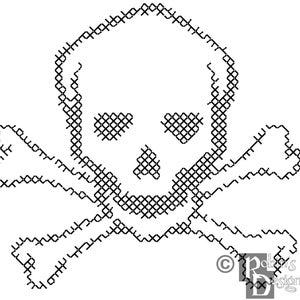 May include: Black and white cross stitch pattern of a skull and crossbones.