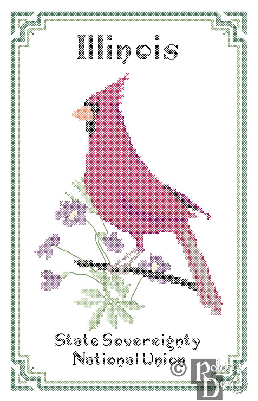 Illinois State Bird, Flower and Motto Cross Stitch Pattern PDF
