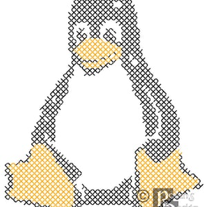 May include: Black and yellow pixelated design of a penguin. The penguin is facing forward with its wings outstretched.