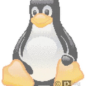 Op de afbeelding: Een zwart-witte cartoonpinguïn met een gele snavel en voeten. De pinguïn zit met zijn voeten onder zijn lichaam.