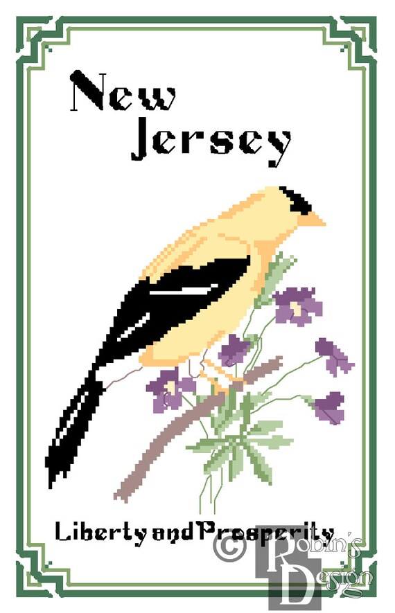 New Jersey State Bird Flower and Motto Cross Stitch Pattern