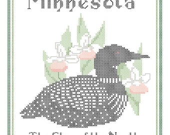 Minnesota State Bird, Flower and Motto Cross Stitch Pattern PDF