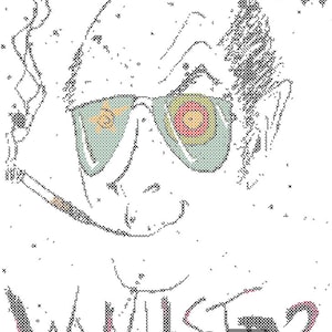 May include: Black and white line art illustration of a person wearing sunglasses with a star and a bullseye design. The person is smoking a cigarette and the text "WHIS?" is written below the image.