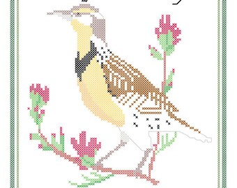 Wyoming State Bird, Flower and Motto Cross Stitch Pattern PDF